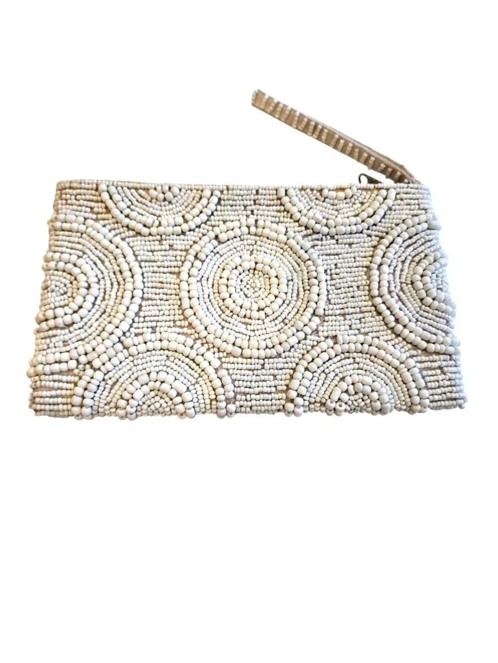 White Ivory Geometric Beaded Satin Lined Clutch Wristlet YKK Zipper